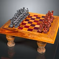 Handcrafted Wooden Chessboard with Silver and Red Chess Pieces on Carved Legs