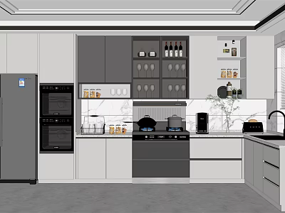 Modern Kitchen Interior With Gray And White Cabinets White Countertop Appliances And Spice Shelves 3d model