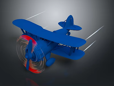 Blue Toy Biplane Featuring Spinning Propeller On Dark Background With Reflection 3d model