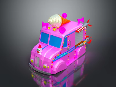 Pink Ice Cream Truck Decorated With Ice Cream Cone Top And Clown Design 3d model