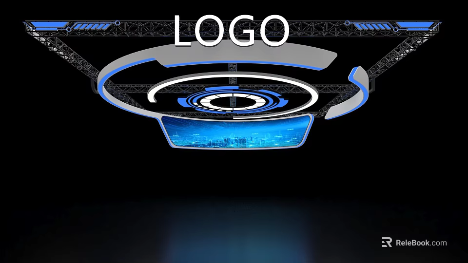 Modern Exhibition Hall Ceiling Design With Circular Ring Structure Blue Lighting And LOGO 3d model 