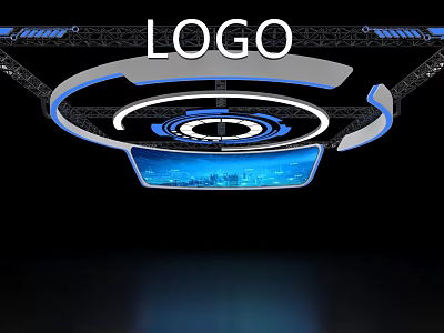 Modern Exhibition Hall Ceiling Design With Circular Ring Structure Blue Lighting And LOGO 3d model