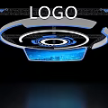 Modern Exhibition Hall Ceiling Design With Circular Ring Structure Blue Lighting And LOGO