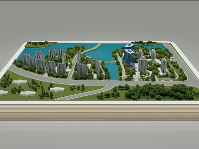 Urban Planning Model Featuring Tall Buildings Water Area Roads And Greenery 3d model