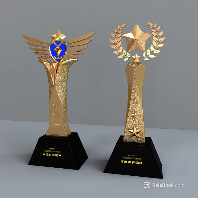 Golden Trophy Medals with Wings Laurel Leaves and Stars on Black Base 3d model 