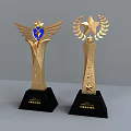Golden Trophy Medals with Wings Laurel Leaves and Stars on Black Base
