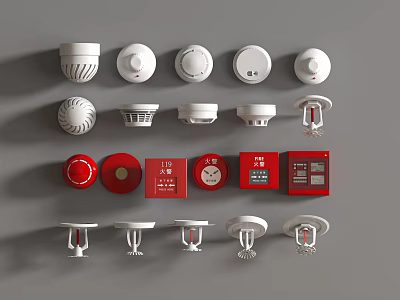 Essential Fire Safety Equipment With Smoke Detectors Alarm Buttons Extinguisher Boxes And Sprinklers 3d model