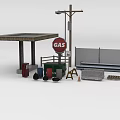 Road Facilities With Bus Stop Shelter Street Lamp Gas Sign Construction Cones And Bench