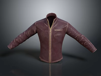 Genuine Brown Leather Jacket With Zipper Closure Stand Collar And Stitched Details 3d model