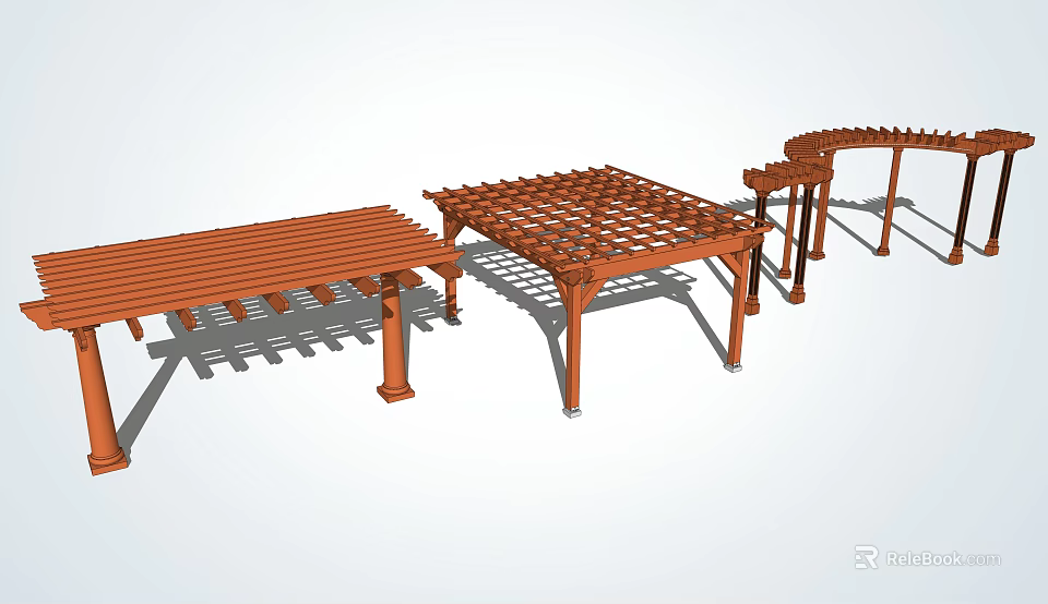 Various Wooden Outdoor Pergola Designs With Grid Top And Support Columns 3d model 