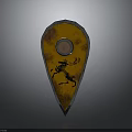 Wooden Shield with Round Gemstone Center and Black Deer Design on Polished Wooden Surface
