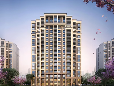 Elegant High Rise Residential Building Exterior With Glass Windows Balconies And Surrounding Flowering Trees 3d model