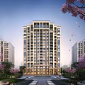 Elegant High Rise Residential Building Exterior With Glass Windows Balconies And Surrounding Flowering Trees