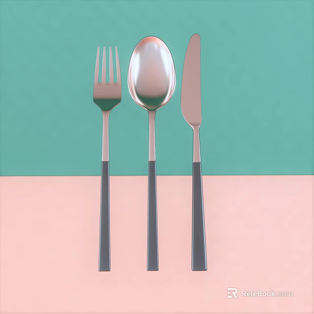 Modern Minimalist Cutlery Set with Fork Spoon Knife and Black Handle on Green Pink Background 3d model 