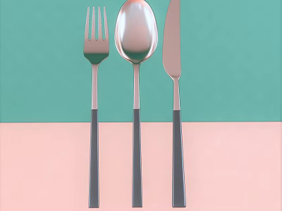 Modern Minimalist Cutlery Set with Fork Spoon Knife and Black Handle on Green Pink Background 3d model