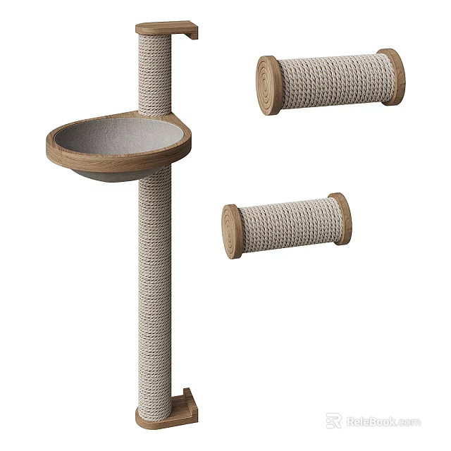 Sturdy Cat Scratching Post With Wooden Platform And Hanging Scratching Pads 3d model 
