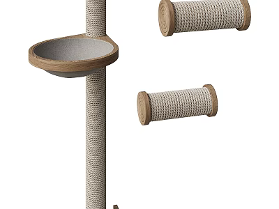 Sturdy Cat Scratching Post With Wooden Platform And Hanging Scratching Pads 3d model