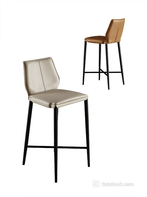 Modern Bar Stools Featuring Light Gray Leather Seat And Black Metal Legs 3d model 