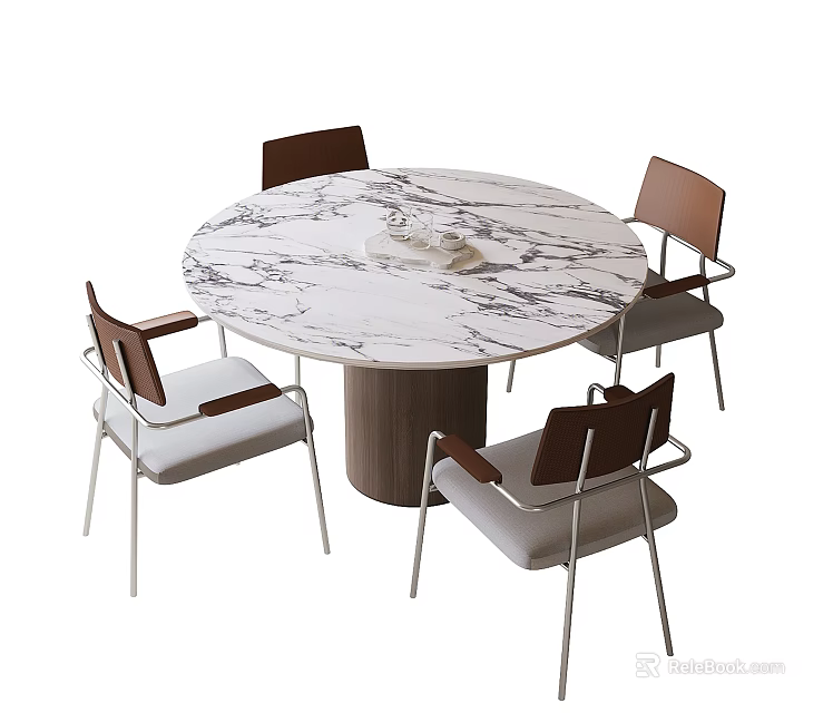 Modern Round Marble Dining Table with Four Chairs Brown Backrests Light Seats 3d model