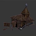 Traditional Wooden Building With Damaged Roof Blue Dome And Scattered Planks