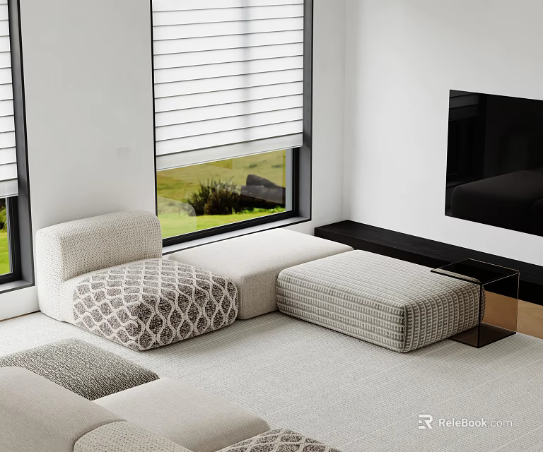Modern Modular Casual Sofa Set With Window Blinds TV And Soft Rug 3d model 