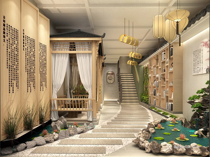 Chinese Style Teahouse With Wooden Structure Hanging Lanterns Stone Steps And Lotus Pond 3d model 