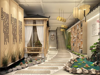 Chinese Style Teahouse With Wooden Structure Hanging Lanterns Stone Steps And Lotus Pond 3d model