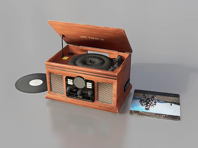 Musical Instrument Tools Wooden Vinyl Record Player With Vinyl Record And Artistic Album Cover 3d model