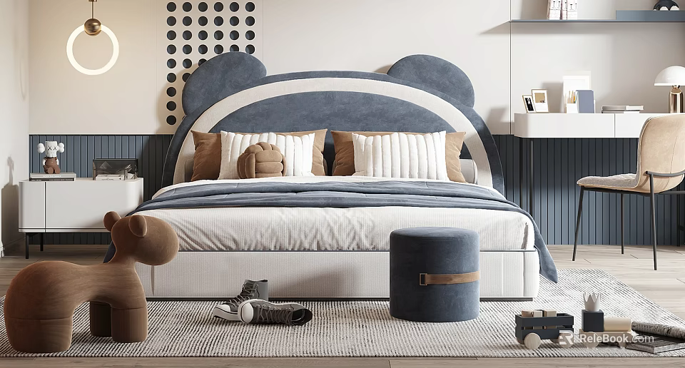 Kids Room Interior With Blue Bear Ear Headboard Cozy Pillows Toys And Polka Dot Wall 3d model 