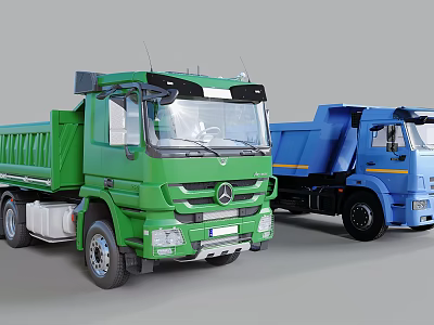 Green Mercedes Benz Dump Truck And Blue Dump Truck Parked Side By Side 3d model