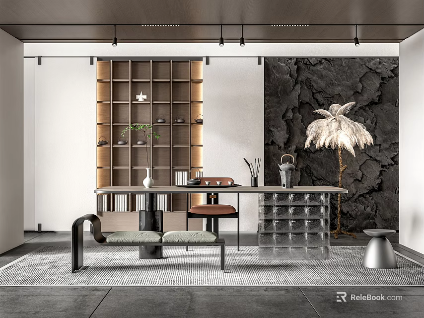 Modern Tea Room Interior With Wooden Shelves Tea Table Stone Wall And Decorative Lamp 3d model 