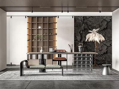 Modern Tea Room Interior With Wooden Shelves Tea Table Stone Wall And Decorative Lamp 3d model