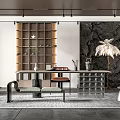 Modern Tea Room Interior With Wooden Shelves Tea Table Stone Wall And Decorative Lamp