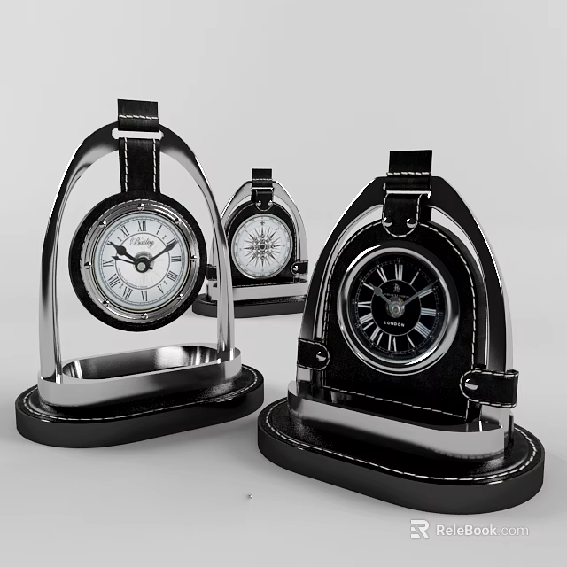 Stylish Decorative Table Clocks With Metal Leather Frames And Roman Numeral Dials 3d model 