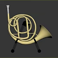 Brass French Horn Decorative Household Item With Metal Stand On Black Surface