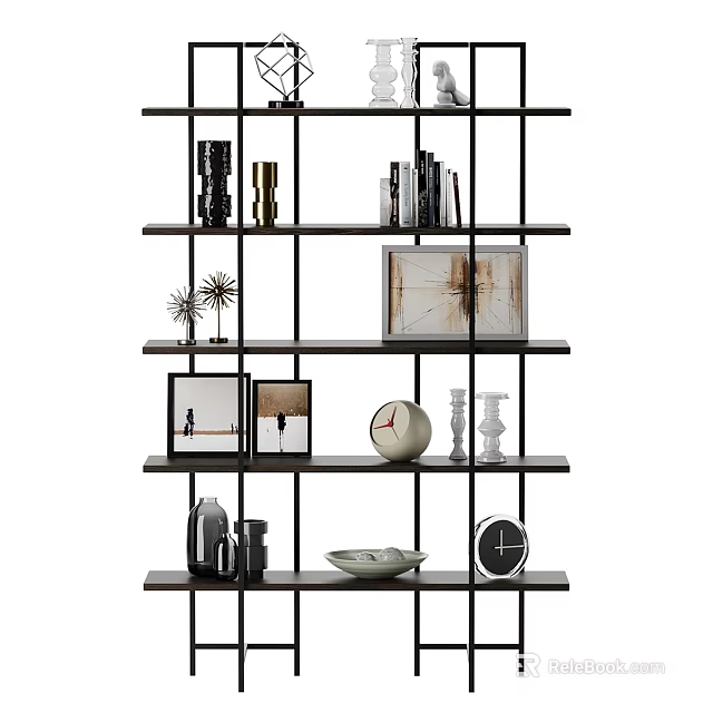 Modern Tiered Shelving Unit With Books Decorative Items Clocks Vases And Picture Frames 3d model 