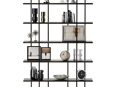 Modern Tiered Shelving Unit With Books Decorative Items Clocks Vases And Picture Frames 3d model