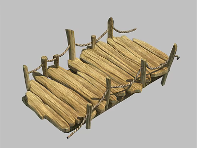 Traditional Wooden Bridge with Wooden Planks and Rope Railings Design 3d model