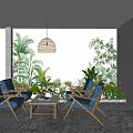 Outdoor Cafe With Wooden Structure String Lights White Sculptures Outdoor Seating And Green Plants