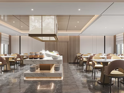 Elegant Modern Restaurant Interior With Marble Buffet Counter And Dining Tables 3d model