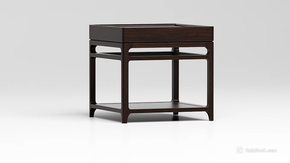 Minimalist Dark Brown Solid Wood Side Table With Geometric Frame And Lower Shelf 3d model