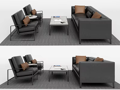 Modern Living Room Sofa Coffee Table Set With Armchairs Pillows And Magazines 3d model