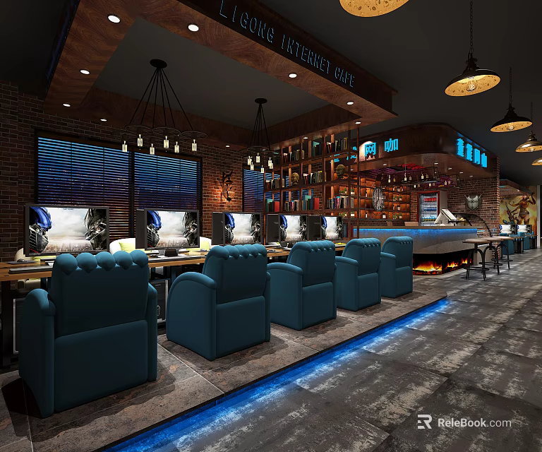 Modern Internet Cafe Interior With Blue Comfortable Chairs Computers And Hanging Lights 3d model 