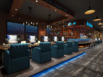 Modern Internet Cafe Interior With Blue Comfortable Chairs Computers And Hanging Lights 3d model