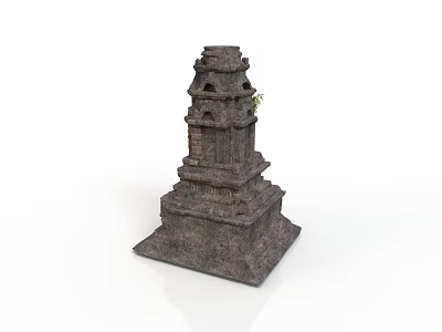 Ancient Multi Tiered Stone Tower With Carved Details And Small Plant 3d model
