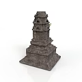Ancient Multi Tiered Stone Tower With Carved Details And Small Plant