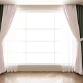 Green And Pink Layered Curtains For Window With House Lawn Trees View And Wooden Floor