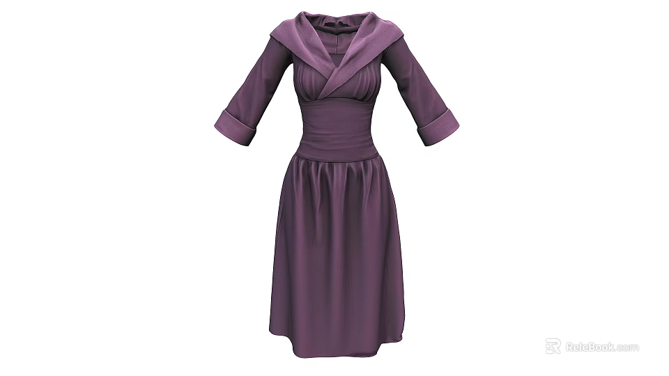 Elegant Purple Women's Dress With Collared Neck Three Quarter Sleeves And Fitted Waist 3d model 