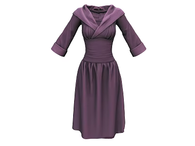 Elegant Purple Women's Dress With Collared Neck Three Quarter Sleeves And Fitted Waist 3d model