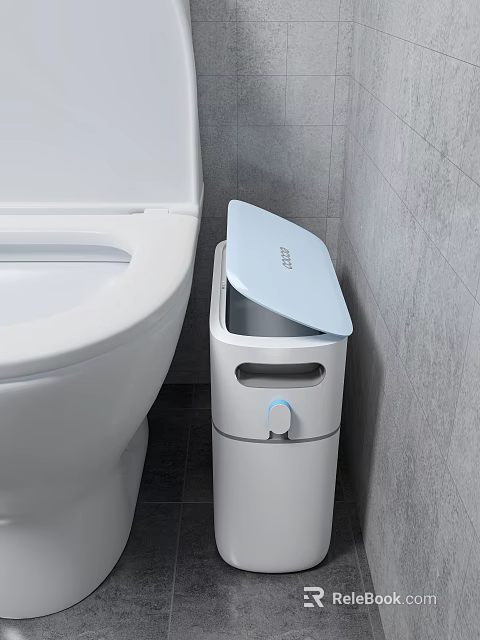 Public Restroom Facilities With Clean White Toilet Covered Trash Bin And Gray Wall Tiles 3d model 